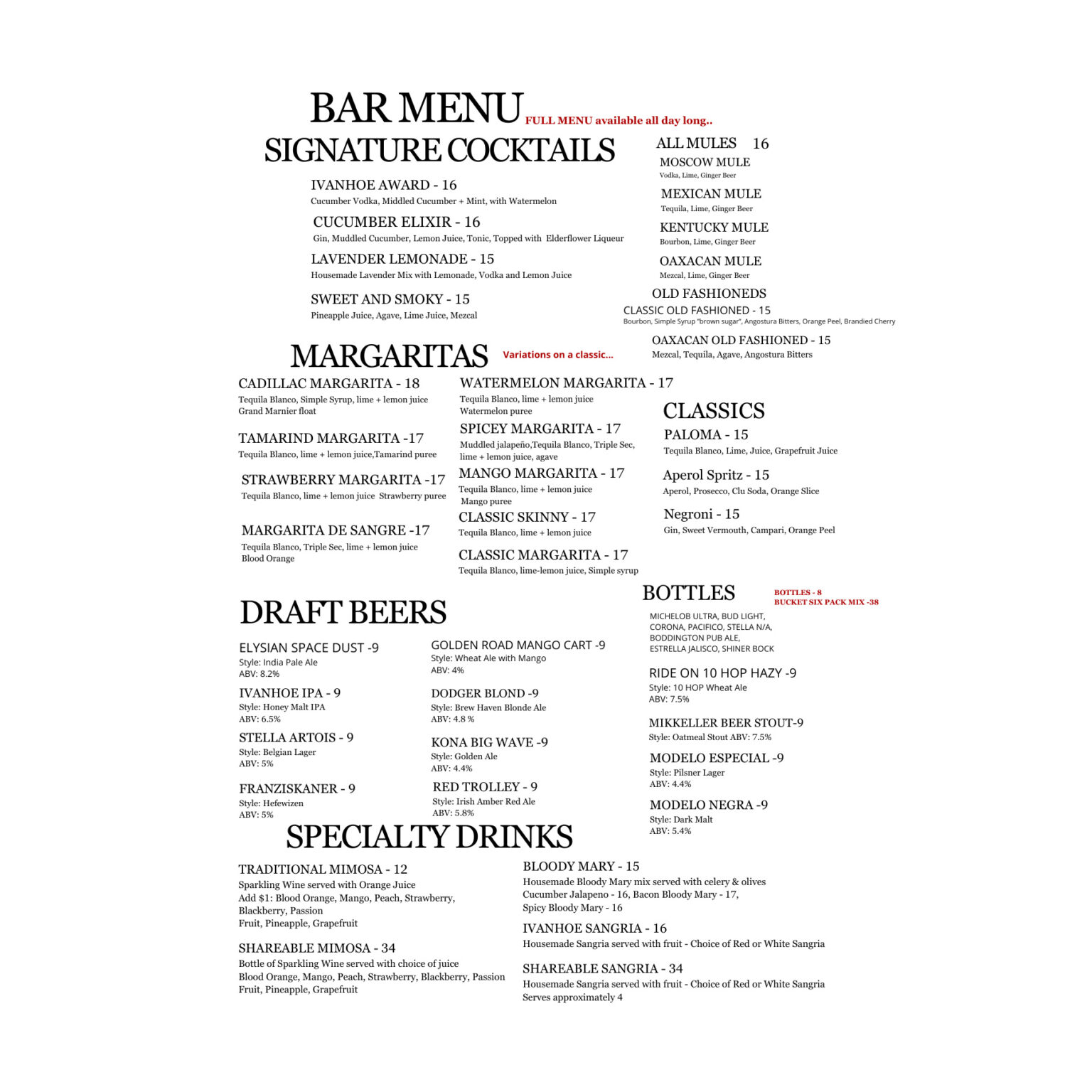 IVANHOE LA – MENU – IVANHOE – Restaurant & Bar